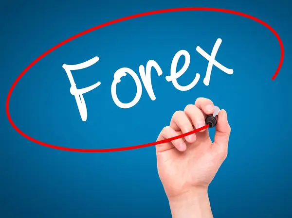 Man Hand writing Forex with black marker on visual screen — Stock Photo, Image