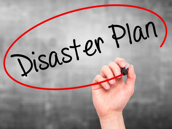 Man Hand writing Disaster Plan with black marker on visual scree — Stock Photo, Image