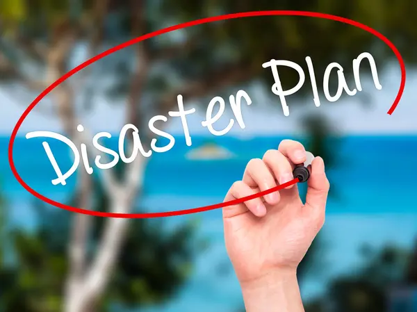 Man Hand writing Disaster Plan with black marker on visual scree — Stock Photo, Image