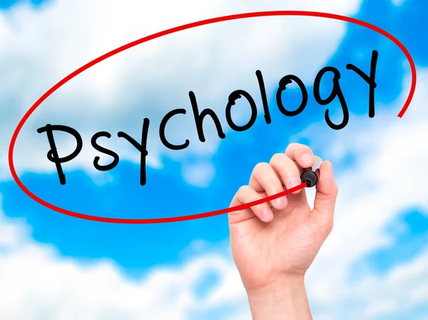 Man Hand writing Psychology with black marker on visual screen — Stock Photo, Image