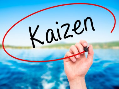 Adam el Kaizen siyah kalemi ile görsel ekranda yazma.