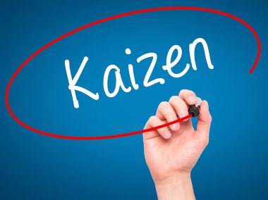 Adam el Kaizen siyah kalemi ile görsel ekranda yazma.