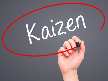 Adam el Kaizen siyah kalemi ile görsel ekranda yazma.