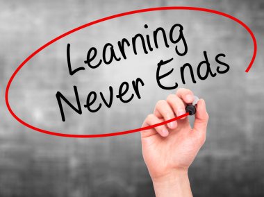 Adam el öğrenme Never Ends siyah kalemi ile görsel üzerinde yazılı