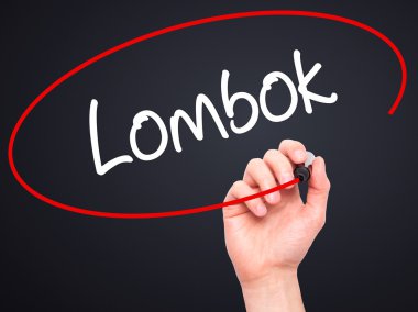 Adam el Lombok siyah kalemi ile görsel ekranda yazma.