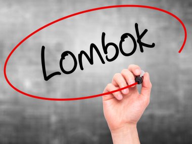 Adam el Lombok siyah kalemi ile görsel ekranda yazma.