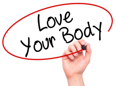 Adam el Love Your Body ile siyah kalemi görsel scre yazma.