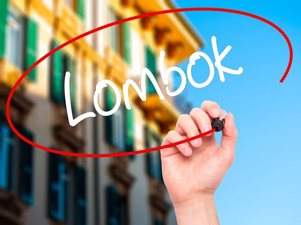 Adam el Lombok siyah kalemi ile görsel ekranda yazma.