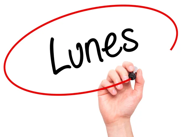 Man Hand writing Lunes (Monday in Spanish) with black marker on — Stock Photo, Image