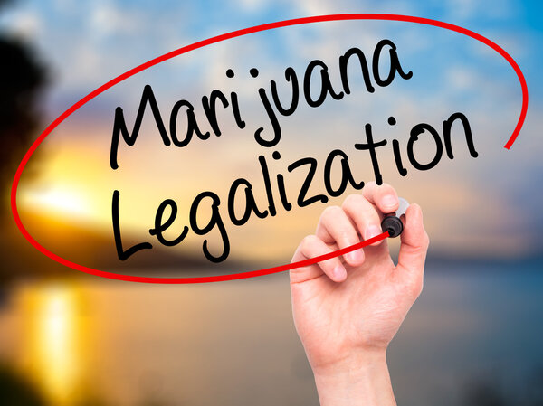 Мужская рука пишет легализацию марихуаны с черным маркером на висе
