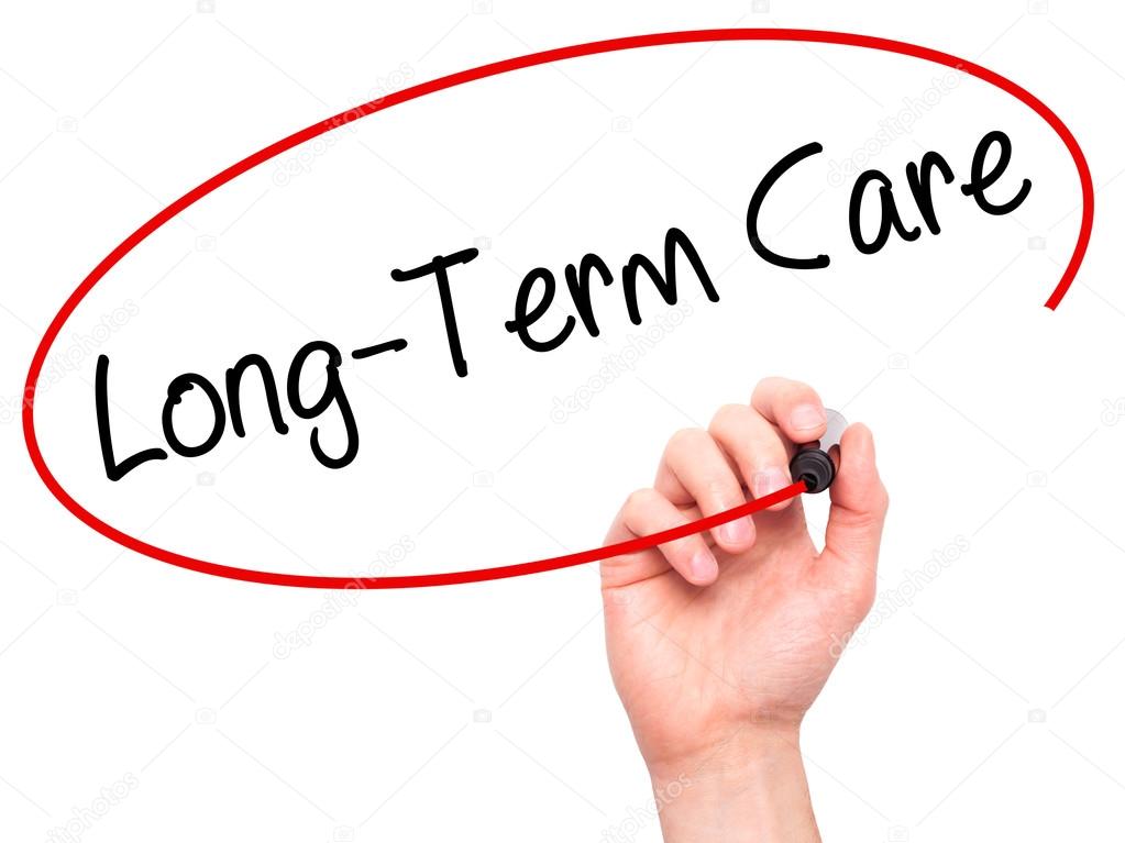 Man Hand writing Long-Term Care with black marker on visual scre