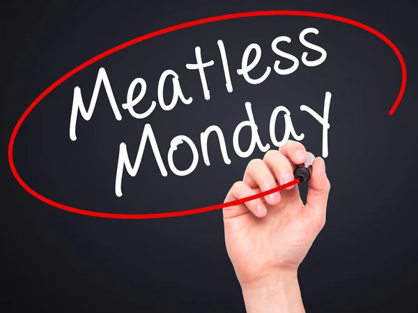 Man Hand writing Meatless Monday with black marker on visual scr
