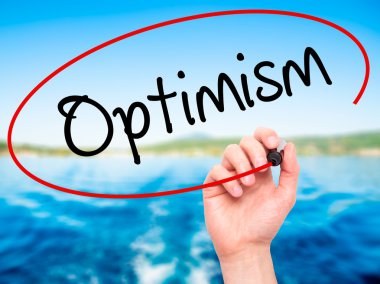 Adam el iyimserlik görsel ekranda siyah kalemi ile yazma