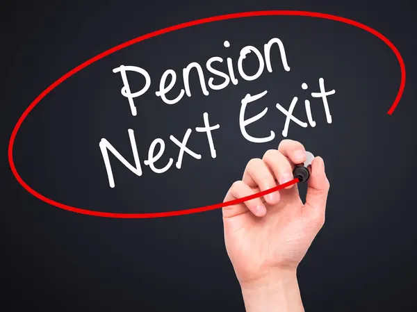 Man Hand writing Pension Next Exit with black marker on visual s — Stock Photo, Image