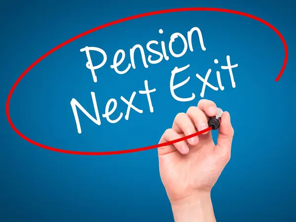 Man Hand writing Pension Next Exit with black marker on visual s — Stock Photo, Image