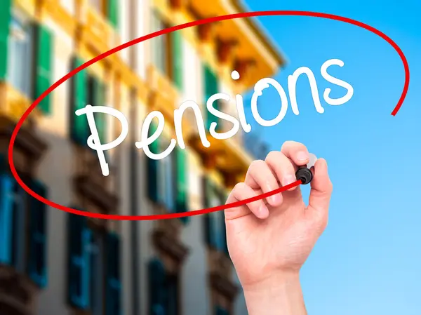 Man Hand writing Pensions with black marker on visual screen — Stock Photo, Image