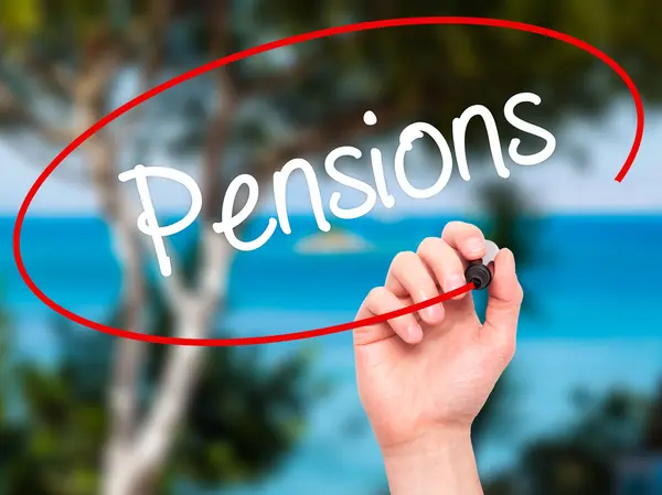 Man Hand writing Pensions with black marker on visual screen — Stock Photo, Image