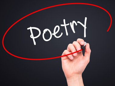 Man Hand writing Poetry  with black marker on visual screen