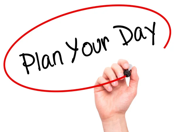 Man Hand writing Plan Your Day with black marker on visual scree — Stock Photo, Image