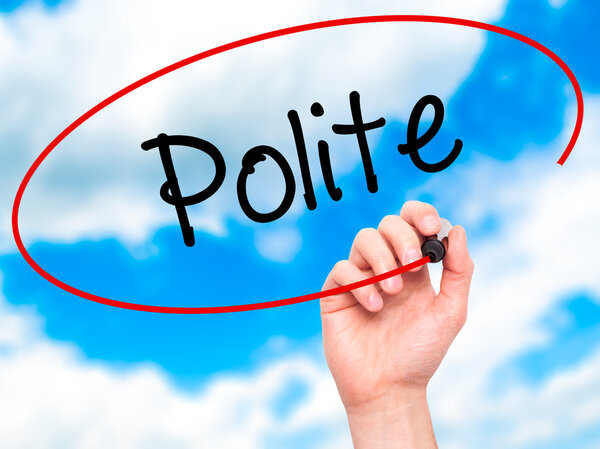 Man Hand writing Polite with black marker on visual screen