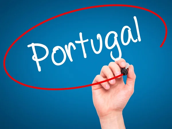 Man Hand writing  Portugal  with black marker on visual screen — ストック写真