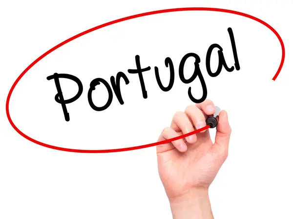 Man Hand writing  Portugal  with black marker on visual screen — 스톡 사진