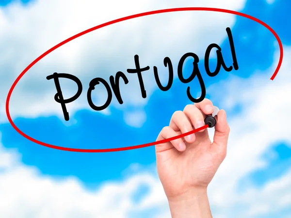 Man Hand writing  Portugal  with black marker on visual screen — Stok fotoğraf