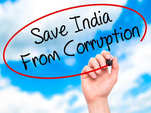 Man Hand writing Save India From Corruption with black marker on — Stock Photo, Image