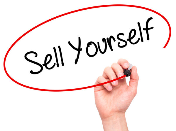 Man Hand writing Sell Yourself with black marker on visual scree