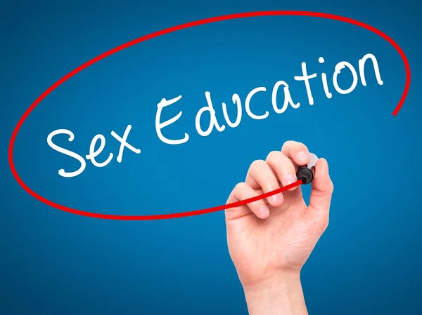 Man Hand writing Sex Education with black marker on visual scree — Stock Photo, Image