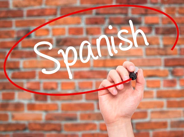 Homem Mão escrevendo espanhol com marcador preto na tela visual — Fotografia de Stock