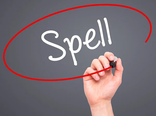 Man Hand writing Spell with black marker on visual screen — Stock Photo, Image