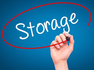 Man Hand writing Storage with black marker on visual screen