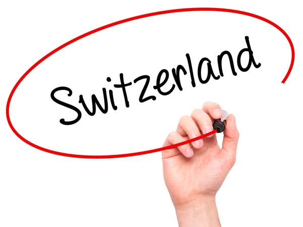 Man Hand schrijven van Zwitserland met zwarte marker op visuele scherm — Stockfoto