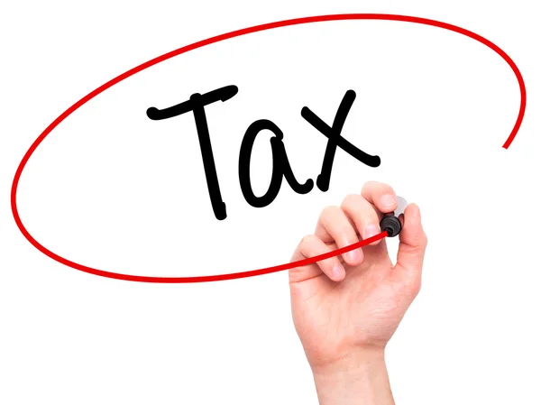 Man Hand writing Tax with black marker on visual screen — Stock Photo, Image