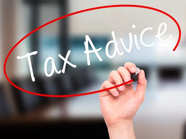 Man Hand writing Tax Advice with black marker on visual screen — Stock Photo, Image