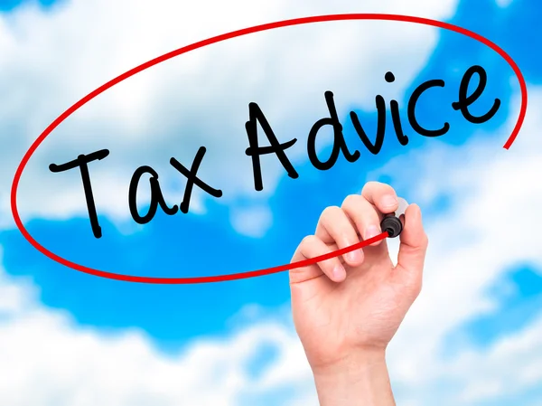 Man Hand writing Tax Advice with black marker on visual screen — Stock Photo, Image