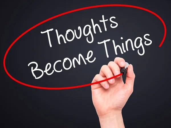 Man Hand, Thoughts Become Things schrijven met zwarte marker op vis — Stockfoto