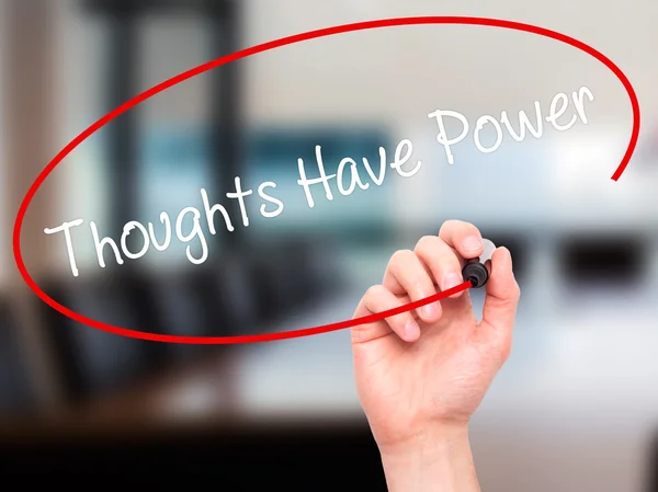 Man Hand writing Thoughts Have Power with black marker on visual — Stock Photo, Image