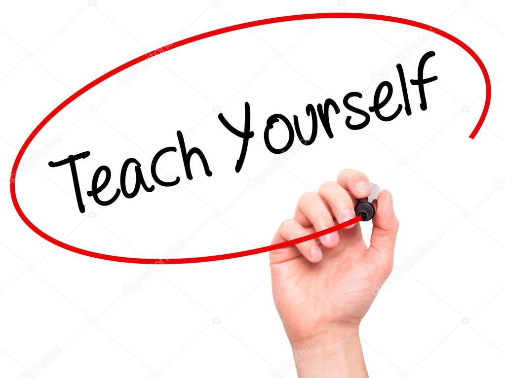 Man Hand writing Teach Yourself  with black marker on visual scr
