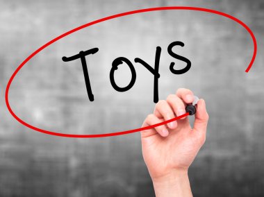 Adam el oyuncaklar ile siyah kalemi görsel ekranda yazma.