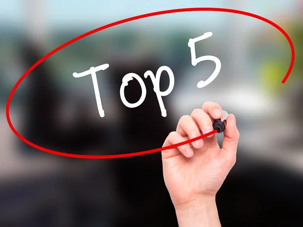 Man Hand writing Top 5 with black marker on visual screen — Stock Photo, Image