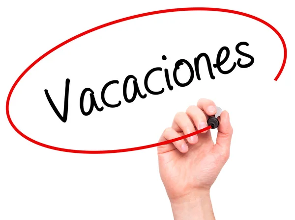 Mann handschriftlich vacaciones (Urlaub auf Spanisch) mit schwarzem mar — Stockfoto