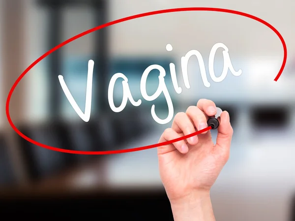 Mann Handschrift Vagina mit schwarzem Marker auf dem Bildschirm — Stockfoto