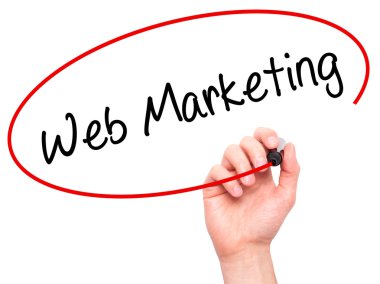 Adam el Web Pazarlama ile siyah kalemi görsel dağ eteğindeki taş yığını üzerinde yazma