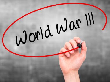 Man Hand writing World War lll with black marker on visual scree clipart