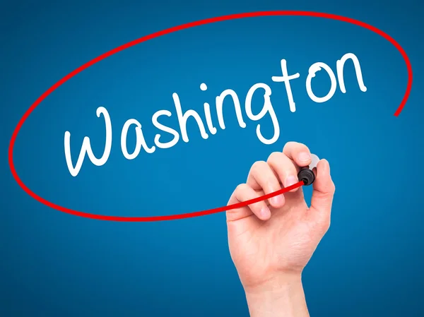 Man Hand schrijven van Washington met zwarte marker op visuele scherm — Stockfoto