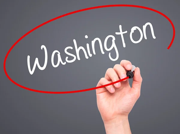 Man Hand escribiendo Washington con marcador negro en la pantalla visual —  Fotos de Stock