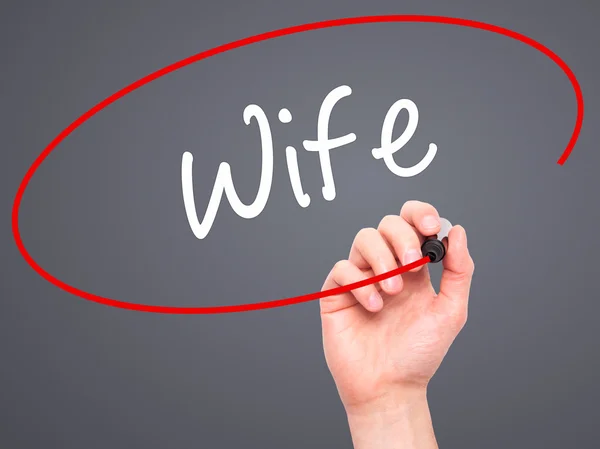 Man Hand writing Wife with black marker on visual screen