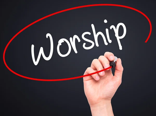 Man Hand writing Worship with black marker on visual screen — Stock Photo, Image